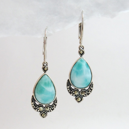 Larimar and Marcasite Teardrop Leverback Earrings - Click Image to Close